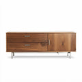 Wooden media console with two drawers and one door in walnut finish 150 x 40 x 50cm